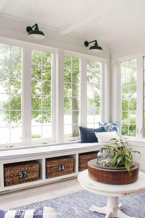 Lake House Sunroom of the Lilypad Cottage Ikea Sun Room, Room Of Windows, Built In Bench Sunroom, Mud Room Seat, Mud Room In Sunroom, Sunroom Doors Entrance, Sun Mud Room, Sunroom Window Seat Ideas, Sectional Sunroom