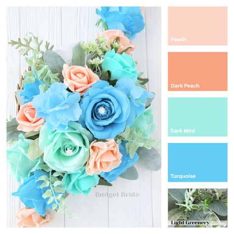 This cheap wedding flower package includes 1 bride's bouquet, 2 bridesmaids, 1 groom's boutonniere, 2 groomsmen buttonholes. This bride's wedding flower set is in turquoise, spa, white, and peach This can be a custom-made wedding flower for an affordable price for any bride on a budget. We ship wedding flowers fast Spring Wedding Colors Turquoise, Periwinkle Wedding Palette, Bright Wedding Color Schemes Spring, Beach Wedding Colors Schemes, Juice Stand, Wedding Theme Color Schemes, Wedding Color Schemes Spring, Teal Color Palette, Spring Wedding Color Palette