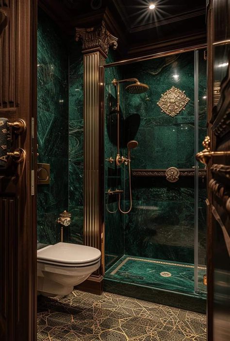 Art Deco Shower Room, Gentleman Bathroom, Fancy Bathroom Luxury, Shower Area Design, Luxury Bathroom Aesthetic, Emerald Bathroom, Green Bathroom Design, Emerald Green Bathroom, Bathroom Tile Design Ideas