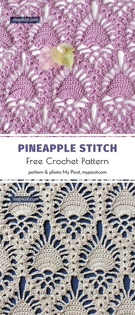 We are all already used to MyPicot's spectacular stitches and step-by-step tutorials, aren't we? If you have never visited this brilliant designer's website, you know what to do. This intricate version of pineapple stitch will be amazing for shawls, tablecloths, and all the other kinds of elegant lacy designs.  #freecrochetpattern #crochetstitch #pineapplestitch Crochet Disney Stitch, Free Vintage Crochet Patterns, Asian Crochet, Vintage Crochet Patterns Free, Advanced Crochet Patterns, Crochet Lace Stitches, Crochet Fan Stitch, Lacy Crochet Stitches, Pretty Crochet Stitches