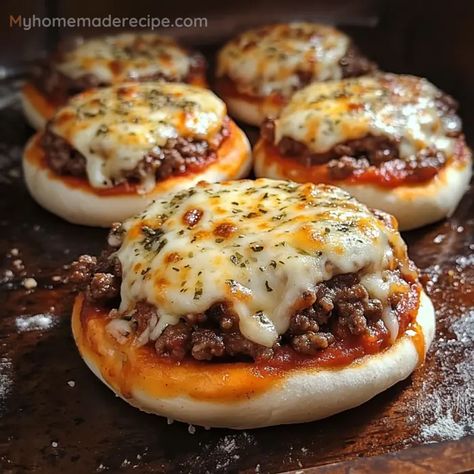 English Muffin Pizza Burgers, Pizza Burgers On English Muffins, Pizza With Ground Beef, Pizzawiches Recipe, Best Patty Melt Recipe, Crockpot Pizza Burgers, Pizza Burgers School, Mini Pizza Burgers, Recipes Using Pizza Sauce