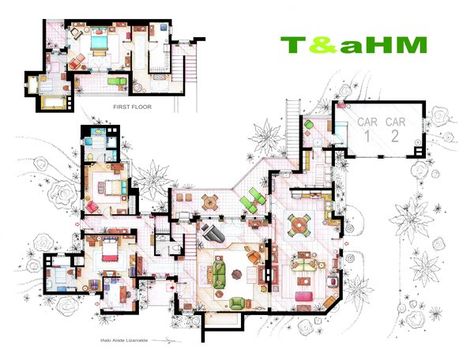 Beach House of Charlie Harper from Two and a Half Men Room Sketch, Floor Plan Sketch, Two And Half Men, Tv Show House, Malibu House, Charlie Harper, Malibu Homes, Malibu Beach House, Ted Mosby