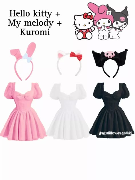 Sanrio Costume Ideas, Hello Kitty And Friends Halloween Costume, Matching Sanrio Costumes, Hello Kitty And Kuromi Costume, Sanrio Characters Costumes, Hello Kitty And Friends Costume, Hello Kitty Halloween Costume Diy, Halloween Costumes Sanrio, My Melody Costume Halloween