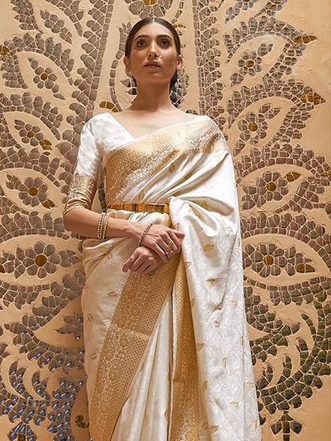 https://amzn.to/47KsLIi White And Gold Saree, White Color Saree, Saree For Wedding, Wedding Royal, Lace Saree, Crepe Saree, Kanjivaram Silk Saree, White Saree, Satin Saree