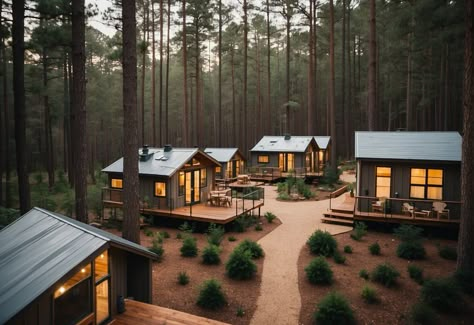 A cluster of cozy tiny homes nestled among the pine trees of East Texas, with a central communal area and winding pathways connecting the homes Building A Commune, Family Commune Ideas, Tiny Homes On Land, Tiny Cabin Community, Small House Community Layout, Small Farm Resort Ideas, Tiny Home Vacation Rentals, Community Living Ideas, Cluster Homes Design