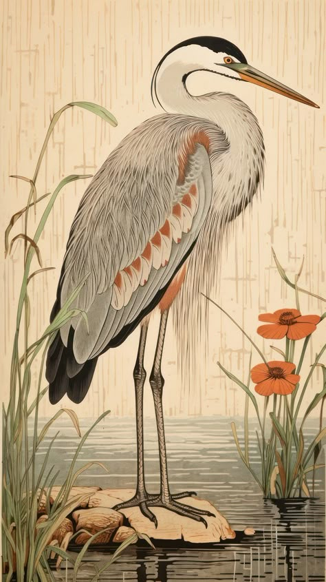 Traditional japanese stunning heron painting | Premium Photo Illustration - rawpixel Blue Heron Pictures, Sandhill Crane Illustration, Heron Japanese Art, Japanese Bird Illustration, Vintage Bird Art, Ganpati Wall Painting, Love Birds Photography, Blue Heron Illustration, Japanese Bird Art