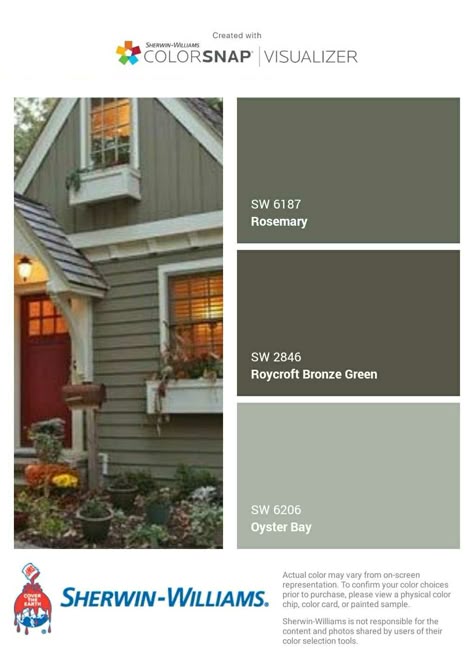 I just created this color palette with the Sherwin-Williams ColorSnap® Visualizer app on my Android phone. What do you think? You can learn more about ColorSnap Visualizer and get it on your phone free by visiting http://www.sherwin-williams.com/colorsnap. Olive Green House Exterior, House With Brown Roof, Green House Exterior, Exterior Paint Colours, Outside House Colors, Exterior Paint Ideas, Exterior House Paint Color, House Paint Color Combination, Brown Roof