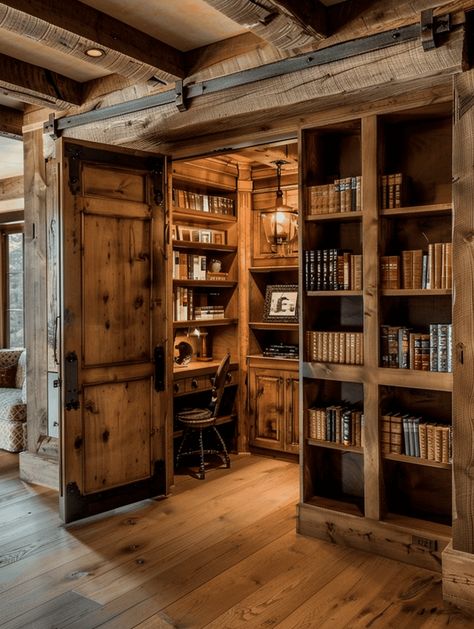 Rustic Home Library Designs: Cozy Wooden Corner for Reading Home Library Rustic, Mountain Home Library, Library Rustic, Small Office Library, Rustic Library, Wood Stained Build In Library, Home Office Designs, Office Library, Cozy Cabin Bookshelf