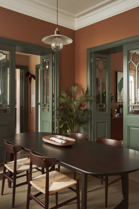 Green French Doors Interior, Painted Door Frames Interior, White Wall Colored Trim, Green Doors Interior, Painted Door Colors, Interior Front Door Color Entryway, Green Trim Interior, Green Interior Doors, Painted Door Frames