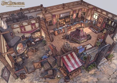 ArtStation - Blacksmith & Weapon shop Cutaway, (Roger) Mohamed Sidi El Moustaph Minecraft Blacksmith Interior, Dnd Blacksmith Shop, Blacksmith Concept Art Shop, Fantasy Isometric, Fantasy Blacksmith Workshop Concept Art, Blacksmith Workshop Concept Art, Blacksmith Map Dnd, Fantasy Blacksmith Shop, Fantasy Inn