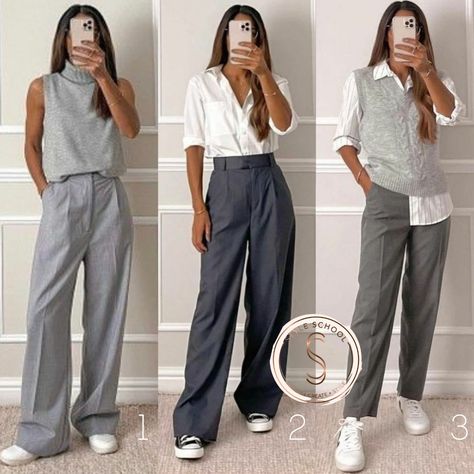 Styling Grey Jeans Women, Professional Comfy Outfits Women, Grey Khaki Pants Outfit Women, Grey Pants Outfits For Women, Spring Casual Office Outfits Women, Grey Culottes Outfit, Effortlessly Chic Outfits Minimal Classic, Gray Trousers Outfit Women Casual, Grey Work Pants Outfit