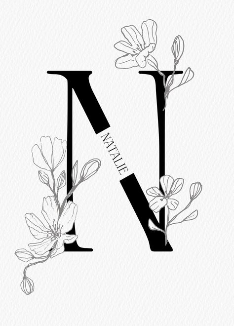 Uniquely illustrated initial letter N birthday card, personalised with your own #Letter_N_Typography #N_Calligraphy_Letter #Letter_N_Drawing #Caligraphy_Alphabet N And K Letters Together, Name Illustration Ideas, Letter N Drawing, N Initial Tattoo, Letter N Tattoo, Door Paint Design, Black Pen Drawing, Free Monogram Fonts, Design With Letters