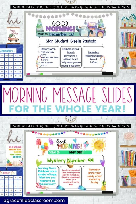 Two morning message digital slides Morning Work Classroom, Morning Meeting Board, Morning Message Kindergarten, Classroom Meetings, Morning Meeting Activities, Morning Board, Responsive Classroom, First Year Teaching, Morning Meetings