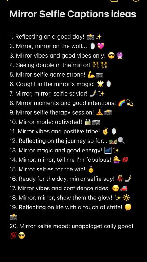 Mirror selfie captions ideas 💡 Mirror Selfie With Friends Captions, Mirror Photo Captions Instagram, Mirror Selfie Captions Aesthetic, Mirror Selfie Aesthetic Caption, Mirror Puns, Mirror Selfie Poses Ideas, Mirror Selfie Captions, Compliment Words, Dope Captions