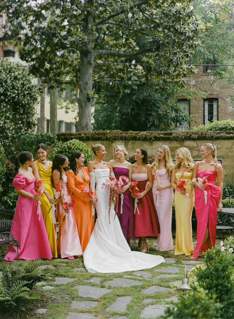 Sunset Mismatched Bridesmaid Dresses, Random Color Bridesmaid Dresses, Sunset Bridesmaids Dresses, Desert Sunset Wedding Colors, Sunset Color Theme Wedding, Bridesmaid Bright Colors, Bridesmaids Sunset Colors, Bright Colorful Bridesmaid Dresses, Sunset Colors Bridesmaid Dresses