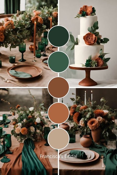 Sage Emerald Wedding, Summer Wedding Terracotta, Emerald Wedding Colors Decor, 2024 Wedding Colors Spring, Fall Wedding Color Palette Green, Orange And Forest Green Wedding, Emerald Terracotta Wedding, Rustic Orange And Green Wedding, Sage And Terra Cotta Wedding Decor