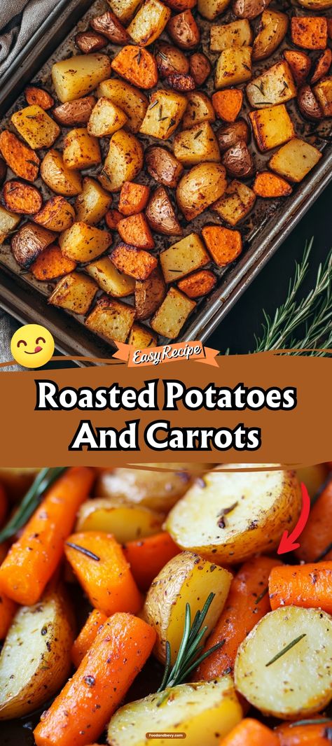 Roasted Potatoes and Carrots bring a deliciously rustic and sweet flavor to your plate, enhanced by a hint of rosemary and thyme. This classic combination, roasted until golden and tender, makes for a comforting side dish that complements any main course. #RoastedVegetables #ComfortFood #FamilyDinner Roasted Small Potatoes And Carrots, Roasting Potatoes And Carrots In Oven, Oven Roasted Potatoes And Carrots Easy, Oven Baked Potatoes And Carrots, Christmas Dinner Ideas Potatoes, Roasted Potatoes And Carrots Recipe, Honey Bacon Roasted Potatoes Recipe, Roasted Red Potatoes And Brussel Sprouts, Roasted Potatoes Thanksgiving