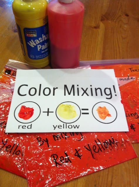 Color Orange. Preschool science. Color mixing in a bag! Red+Yellow=orange. fine motor Orange Theme Activities Preschool, What Two Colors Make Orange, Orange Week Preschool, Pre K Orange Activities, Red And Orange Crafts For Toddlers, Orange Colour Craft Preschool, Orange Craft Preschool, Orange Toddler Activities, Color Red Crafts For Preschool