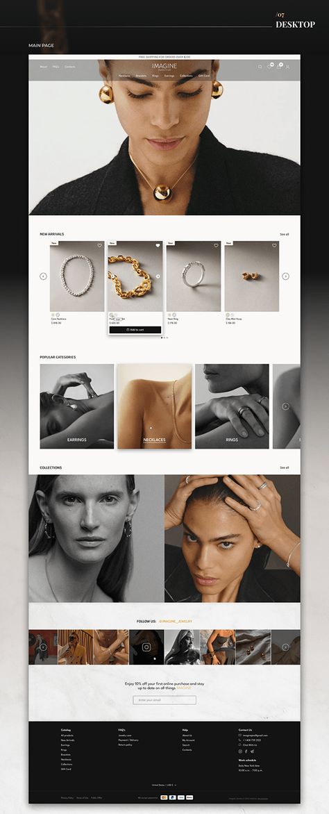 The site is made in a minimalist style, using high-quality photos. Free white space creates an elegant and prestigious atmosphere, improves focus on products, provides convenient navigation and a positive user experience. Website Jewelry Design, Jewellery Website Design Inspiration, Premium Website Design, Jewelry Website Design Inspiration, Minimalist Ui Design, Jewellery Website Design, Jewelry Graphic Design, Minimalistic Website Design, E Commerce Web Design