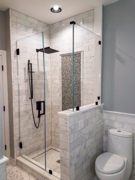 Corner Enclosure | Creative Mirror & Shower Small Walk In Shower Remodel Ideas, Half Wall Small Shower Ideas, Renovate Tiny Bathroom, Bathroom Shower Makeover Ideas, How To Remodel A Small Bathroom, Small Guest Bathroom Shower Ideas, Bathroom Ideas Renovation, 30x30 Shower Stall, Small Shower Next To Toilet