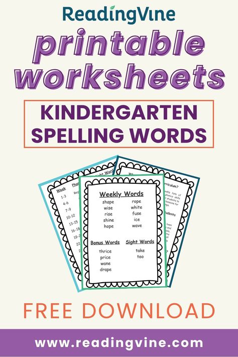 Kindergarten Spelling: Click here for our 36 Week Kindergarten Spelling Curriculum! You'll find printable spelling lists for each week of the school year for your Kindergarten students along with a scope and sequence printable. The words for this year focus on beginning sounds, CVC words, and more! #educationalresources #verbworksheets #verbactivities Spelling Words Kindergarten, Spelling Words For Kindergarten, Kindergarten Spelling Words List, Kindergarten Site Word List, Site Words Kindergarten, Kindergarten Spelling Words, Kindergarten Spelling, Spelling Words List, Digraph Words