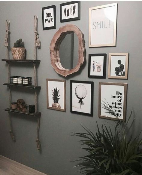 Wall Collage With Round Mirror, Gallery Wall Ideas With Mirror And Pictures, Gallery Wall With Round Mirror, Mirror And Picture Wall Layout, Wall Collage With Mirror, Mirror Gallery Wall Ideas, Picture Wall Layout, Bohemian Chic Living Room, Wall Mirror Decor Living Room