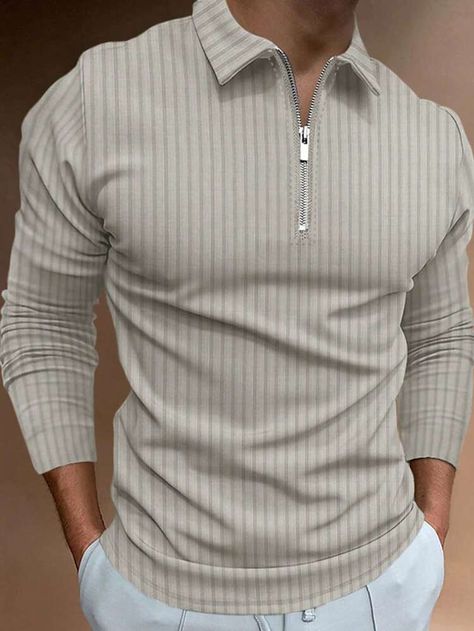 Mens Business Casual, Long Sleeves Polo, Zipper Shirt, Guys Clothing Styles, Slim Fit Polo, Mens Stripes, Fashion Casual Outfits, Striped Long Sleeve Shirt, Men Fashion Casual