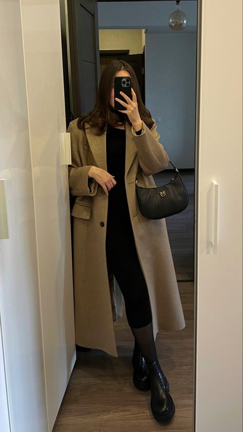 Black Knee Length Coat Outfit, Beige Coat Winter Outfit, Winter Outfits Beige Coat, Beige Winter Coat Outfit, Winter Theatre Outfit, Bodycon Dress With Coat, Long Beige Coat Outfit, Long Bodycon Dress Outfit Winter, Beige Wool Coat Outfits