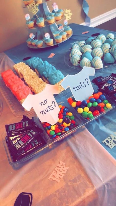 Gender Reveal Party Snacks Cute Ideas, Gender Reveal Ideas Food Table, Gender Reveal Ideas Brunch, Gender Reveal Snack Table Ideas, S’mores Themed Gender Reveal, Finger Food Ideas For Gender Reveal Party, Halloween Gender Reveal Snacks, Gender Real Food Ideas, Gender Reveal Foods Snacks