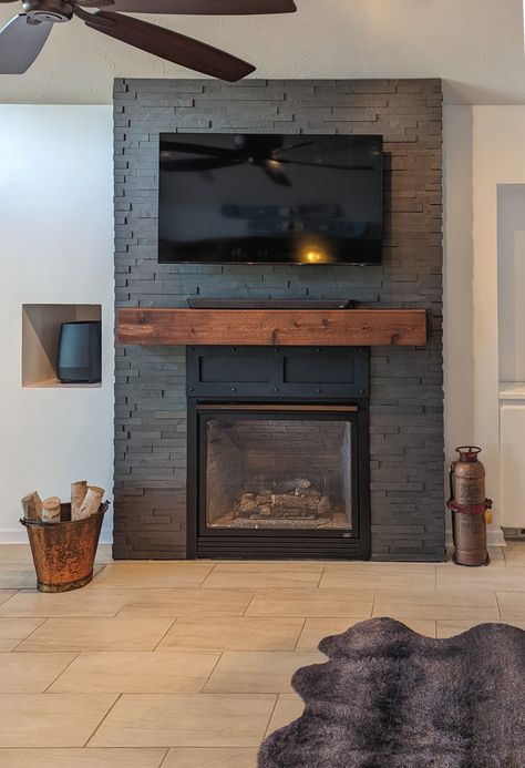 Slate Brick Fireplace, Slate Tile Surround Fireplace, Grey Tiled Fireplace, Painted Slate Tile Fireplace, Fireplace Slate Surround, Slate Rock Fireplace, Slate Stone Fireplace, Slate Fireplace Makeover, Slate Wall Living Room