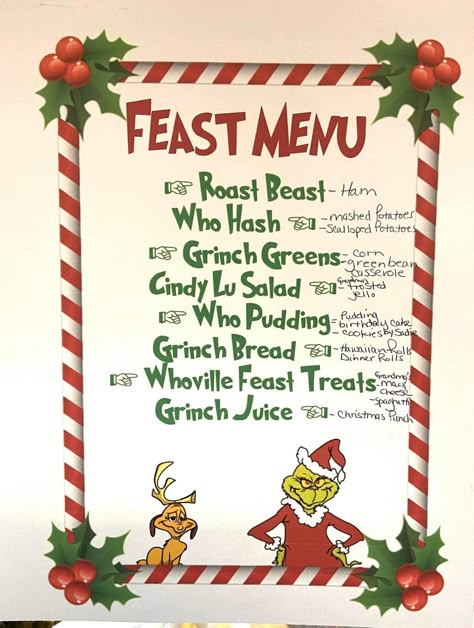 Grinch Feast Ideas, Grinch Menu Printable, The Grinch Movie Night, Grinch Themed Dinner, Grinch Christmas Dinner, Movie Themed Food Ideas, Grinch Foods, Grinch Feast, Kids Christmas Dinner