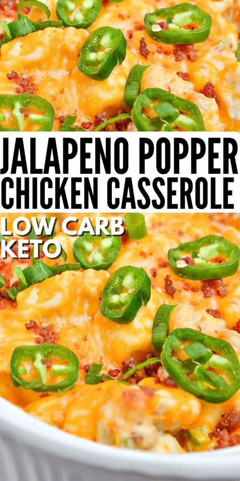 Low Carb Jalapeno Popper Chicken Casserole - Add some heat to the dinner table! Keto jalapeno popper casserole bursts with spicy flavor and creamy chicken, topped with crispy bacon. #lowcarb #lowcarbdiet #Lowcarbjalapenopoppercasserole #jalapenopopperchickencasserole #jalapenopopper #chickencasserole #chicken #casseroles #dinnerideas #food #recipes Jalapeño Popper Chicken Bake With Broccoli, Fresh Jalapeno Recipes Healthy, Jalopena Popper Chicken Casserole Recipe, Jalapeño Chicken Casserole, Jalapeno Casserole, Keto Jalapeno Popper Chicken, Jalapeno Popper Chicken Casserole, Keto 2023, Popper Chicken Casserole