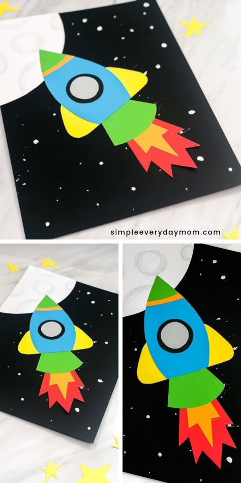 Make this easy DIY rocket paper craft made with construction paper or card stock. It comes with a free printable template so it's super simple to make, plus it comes with step by step directions and a video tutorial! Great for boys and girls in kindergarten and elementary.   #papercrafts #kidscrafts #craftsforkids #simpleeverydaymom #papercraftsforkids #kidsactivities #kidsactivity #easykidscrafts #funactivitiesforkids #ideasforkids Rocket Paper Craft, Rocket Paper, Construction Paper Art, Rocket Craft, Diy Paper Art, Diy Rocket, Kraf Kertas, Construction Paper Crafts, Paper Crafts Ideas