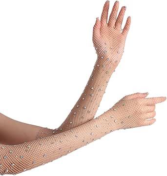 Women Rhinestone Fishnet Long Gloves Mesh Sparkly Glitter Fashion Opera Gloves For Party Halloween Costumes Accessories Net Gloves, Party Halloween Costumes, Silver Gloves, Fancy Gloves, Gloves Aesthetic, Fishnet Gloves, Rhinestone Fishnets, Glitter Accessories, Mesh Gloves