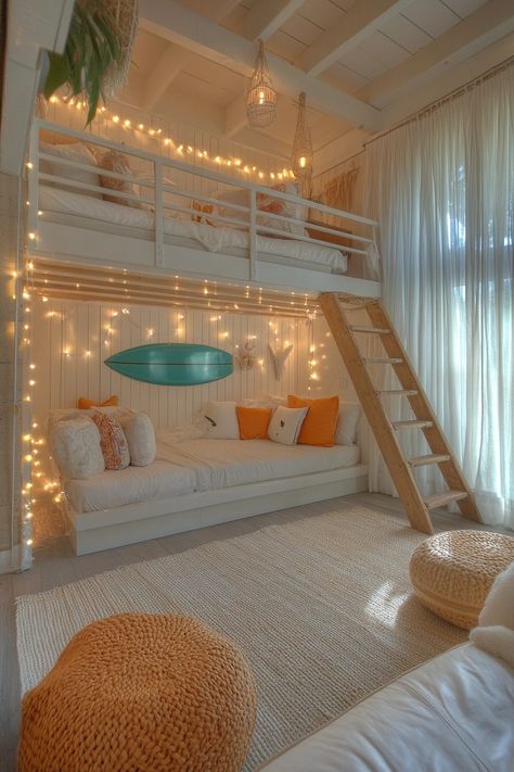 29 Coastal Preppy Teen Bedroom Ideas to Bring a Splash of Coastal Charm 7 Beachy Loft Bed, Preppy Room Green, Preppy Beachy Room Ideas, Preppy Loft Bed, Preppy Beach Room, Teen Beach Room, Preppy Teen Room, Girls Beach Theme Bedroom, Preppy Teen Bedroom