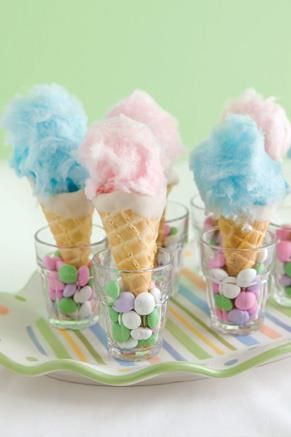 Candy Floss Cones in blue and green or cream to fit theme with cone, wrapped in clear cone bag and finished with a ribbon bow Cotton Candy Cone, Candy Cone, Sweet Party, Ice Cream Social, Ice Cream Candy, Ice Cream Cones, Flamingo Party, Shower Food, Paula Deen