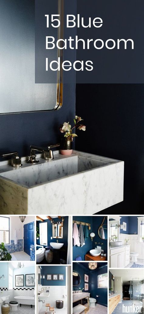 The easiest way to update your bathroom? A bright pop of color. Blue is one of the most beloved (not to mention versatile) hues, and it's not hard to see why. Plus, painting your bathroom blue can raise your home value by up to $5,400! Small Blue Bathroom Ideas Paint, Dark Blue Bathrooms Ideas, Black Gold Blue Bathroom, Best Blue For Bathroom, Ink Blue Bathroom, Blue Monochrome Bathroom, Bathrooms With Blue Walls, Monochromatic Blue Bathroom, Bathrooms With Dark Blue Walls