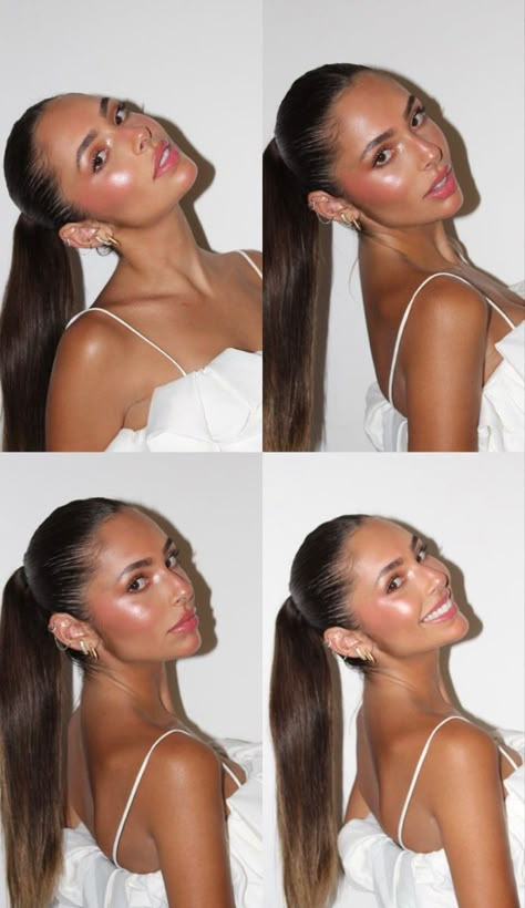 The sleek high ponytail is a bold, statement-making hairstyle that’s both modern and chic. To achieve this look, smooth your hair back into a high ponytail, ensuring there are no flyaways for a flawless finish. You can wrap a small section of hair around the base of the ponytail to hide the hair tie. This look works great with straight hair and pairs perfectly with dresses that have bold necklines or intricate details. Sleek Ponytail Brunette, Ponytail Hairstyles Night Out, Ponytail Pictures Instagram, Slick Back Ponytail Going Out, Slick Back Poney, Brunette Slicked Back Hair, Slick Back Hairstyles Going Out, Clean Girl Slick Back Ponytail, Slick Back Hairstyles Aesthetic