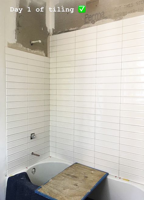 White Subway Tile Bathtub, Bath Tile Ideas Tub Surround, Stacked Subway Tile Bathroom, Vertical Subway Tile Bathroom, Hexagon Bathroom Tile, House Guest Bathroom, White Subway Tile Shower, Basement Update, White Subway Tile Bathroom