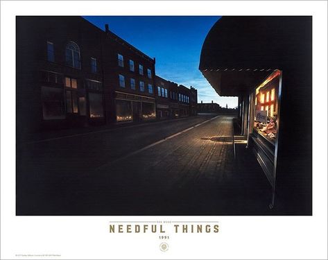 So @pspublishinguk has recently announced that their limited edition of "Needful Things" (planned for automn 2020) will be illustrated by @johnpicacio !  Check out his profile for his amazing artwork !  Otherwise the illustration above is the cover artwork still available as high quality print by @suntupeditions !  #stephenking #needfulthings #bazaar #limitededitions #artwork Needful Things Stephen King Art, Rose Madder Stephen King Art, The Institute Stephen King Aesthetic, Needful Things Stephen King, City Of Nightmares, Stephen King Needful Things, Small Town Horror, Horror Atmosphere, Stephen Kings