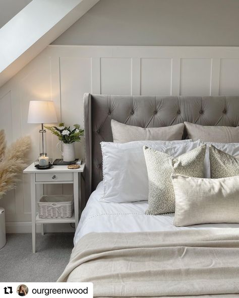 Giving your bedroom a stunning makeover is as easy as adding some stylish cut-to-size wall panelling behind your headboard! 🙌 Transform your space into a cosy sanctuary with this simple yet impactful upgrade. Say bye-bye to plain walls and hello to a trendy and personalised look! ✨😍 Panelling Behind Headboard, Panelling Behind Bed, Wall Panelling, Loft Room, Main Bedroom, Bye Bye, Home Decor Inspiration, Wall Paneling, Decor Inspiration