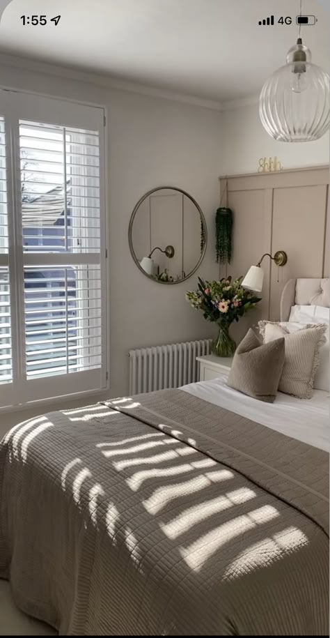 Main Bedroom Neutral Colours, Next Bedroom Ideas, Neutral Panelled Bedroom, Half Panelled Walls Bedroom Ideas, Spare Bedroom Inspirations, Uk Bedroom Ideas Inspiration, Council House Bedroom Ideas, Cottage Dressing Room, Small Classy Bedroom