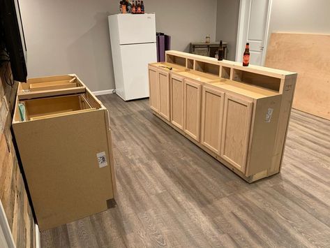 Basement bar is all finished up! Thanks to my buddy @laedernick for helping @meg_lynne_m and I out with the bar tops! The whole bar, tops… | Instagram L Shaped Wet Bar, Homemade Bar Ideas, Bar Front Ideas, Bar Building Plans, Diy Basement Bar, Build Your Own Bar, Ikea Bar, Homemade Bar, Stuff For House