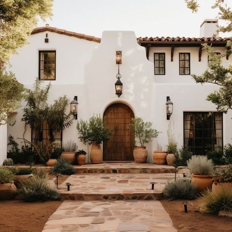 Mediterranean Townhouse Exterior, Spanish Colonial Landscaping, Front Porch Spanish Style House, Spanish Style Homes Landscaping, House With Arches Outside, Spanish Modern Front Yard, Spanish Style Homes Outside, Spanish Ranch House Exterior, Moroccan Style Home Exterior