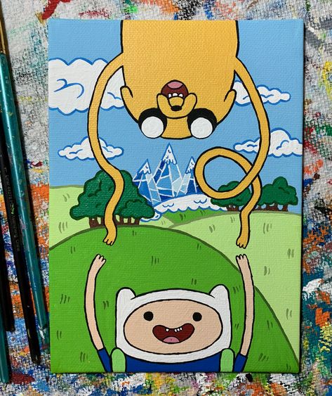 Adventure Time Acrylic Painting, Adventure Time Parking Spot Painting, Easy Painting Cartoon, Adventure Time Painting Easy, Adventure Time Painting Ideas, Canvas Character Painting, Adventure Time Canvas Painting, Painting Cartoon Ideas, Amazing World Of Gumball Painting