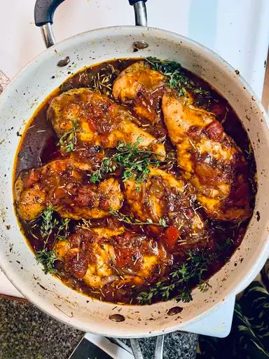 How To Braise Chicken, Chicken Braised Recipes, Braised Chicken Thighs Boneless, Italian Braised Chicken, Braiser Recipes, Le Creuset Braiser, Chicken Saute, Balsamic Chicken Recipe, Braised Chicken Recipes