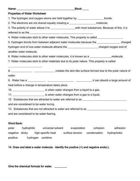 Properties of Water Worksheet Properties Of Water Activities, Properties Of Water Notes, High School Classroom Ideas, Water Worksheet, Energy Quiz, Water Properties, Biology Lesson Plans, Biology Activities, Teaching Yearbook