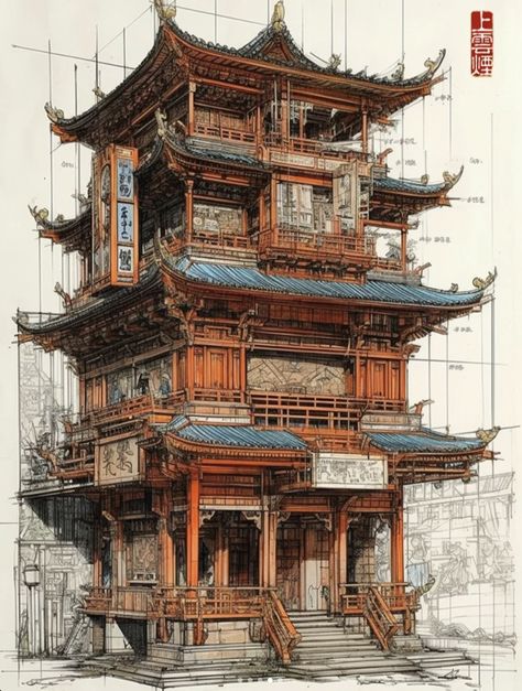 Japanese Architecture Drawings, Zoo Ideas, Ancient Chinese Architecture, Japan Architecture, Asian Architecture, Architecture Design Sketch, Architecture Design Drawing, Building Concept, Architecture Concept Drawings