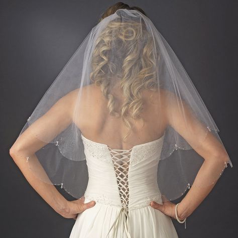 2 Tier Scalloped Edge Elbow Length Wedding Bridal Veil with Dangling Crystals in White or Ivory - $69.95 Waltz Length Veil, Beaded Edge Veil, Beaded Bridal Veil, Winter Wedding Accessories, Elbow Length Veil, Beaded Wedding Veils, Fingertip Wedding Veils, Cathedral Bridal Veils, Beaded Veils