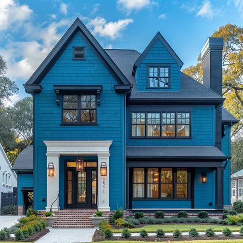 19+ Bright Teal Home Exterior Colour Inspirations for a Lively Facade • 333+ Art Images Turquoise House Exterior, Teal House Exterior, Classic Home Exterior, Teal House, Green Exterior Paints, Columns Decor, Modern Classic Home, Quaint Cottage, Porch Garden